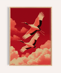 Cranes Flying Wall Art, red hues, living room, art print