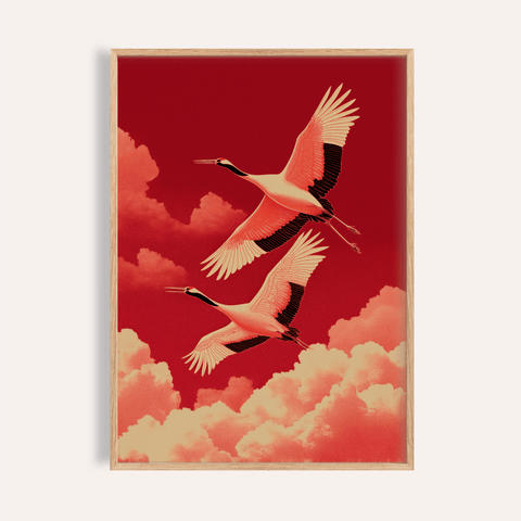 Cranes Flying Wall Art, red hues, living room, art print