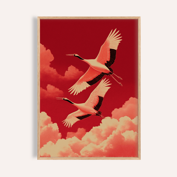 Cranes Flying Wall Art, red hues, living room, art print