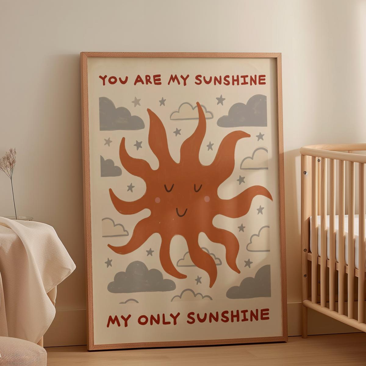 Cute Sunshine Quote Wall Art print with central sun, star accents, and cloud background
