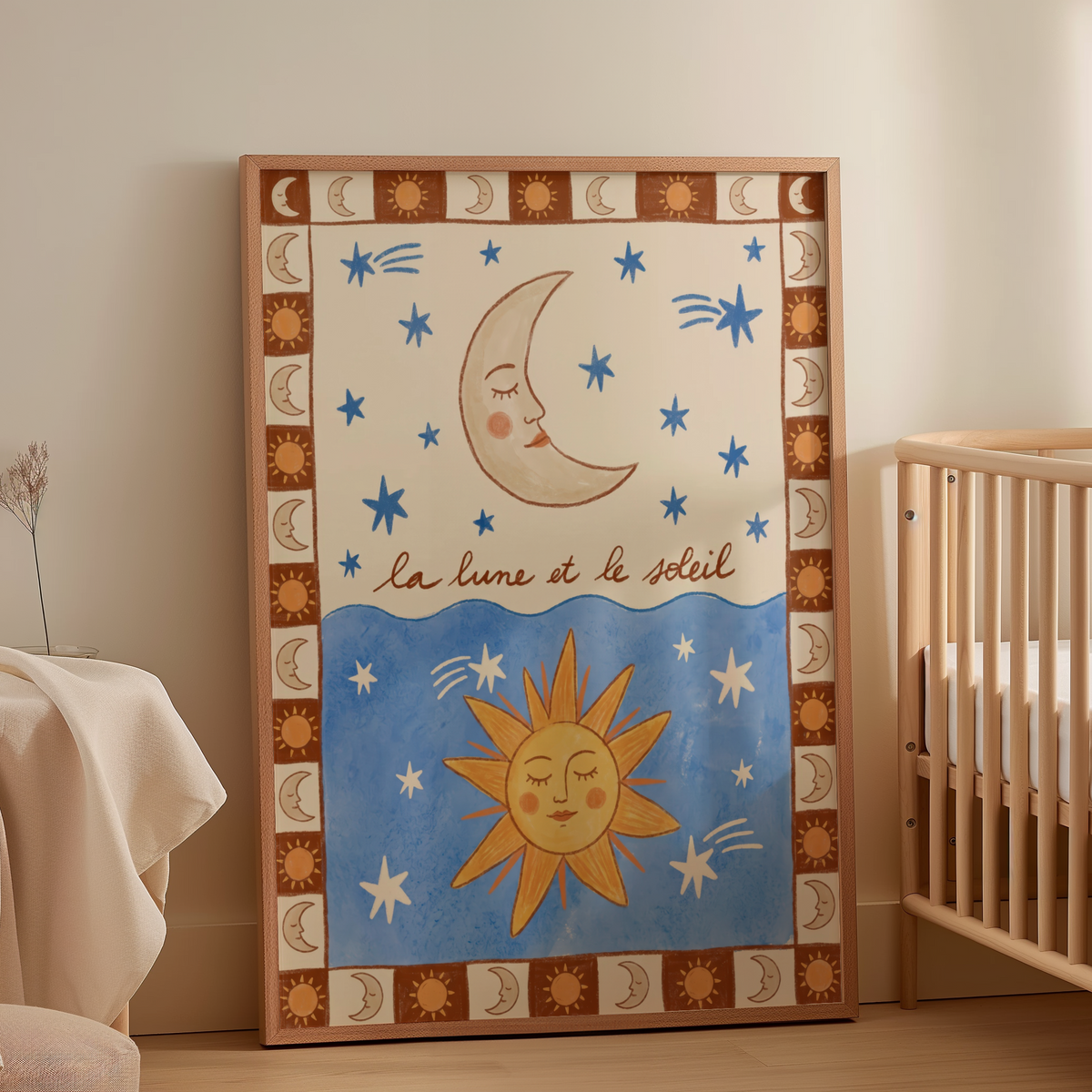 Folk naive celestial border of alternating moon and sun tiles on cream background
