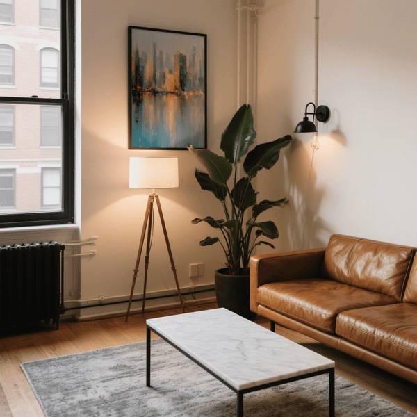 City Skyline Art Print featuring blue and brown, ideal for home office wall