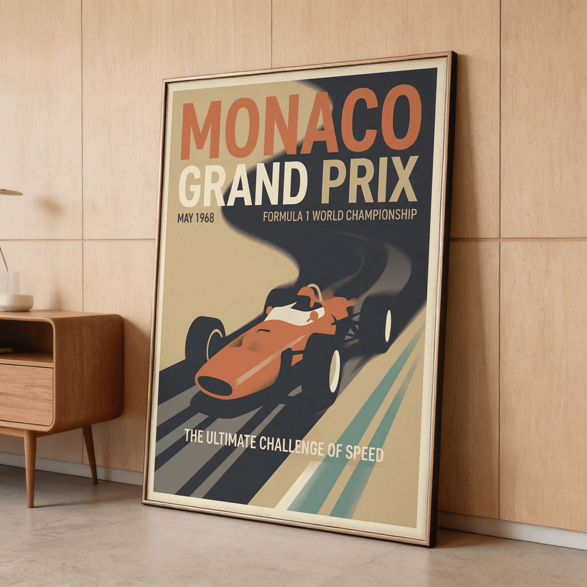 Vintage Formula 1 Poster print featuring diagonal track shadows on beige background