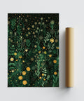 Wildflower-inspired green decor print with golden floral details.