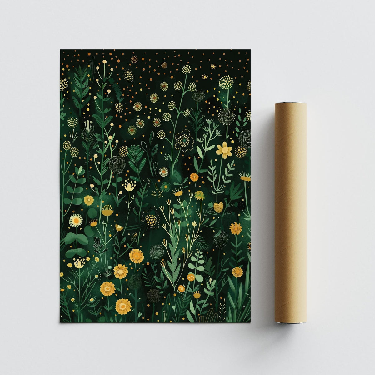 Wildflower-inspired green decor print with golden floral details.
