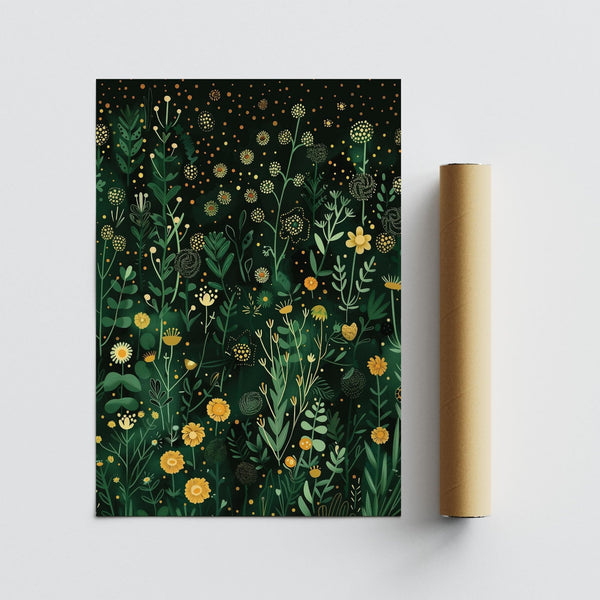 Wildflower-inspired green decor print with golden floral details.