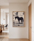 Black Horse Art Print depicting a tail-sweeping horse in profile