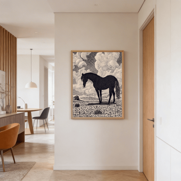 Black Horse Art Print depicting a tail-sweeping horse in profile
