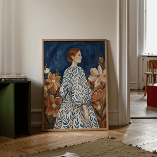 Floral Portrait Art with blue leafy dress, suitable for entryway poster