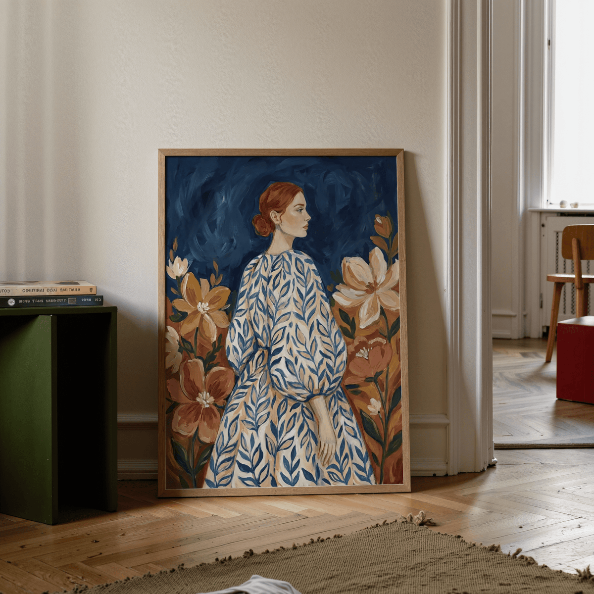 Floral Portrait Art with blue leafy dress, suitable for entryway poster