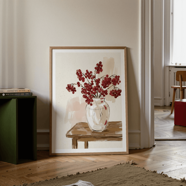 Red Berries Poster close-up of clustered berries and curved stems