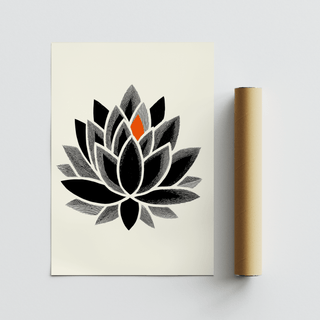 Modern lotus poster print with sharp petal silhouette and carved-line shading
