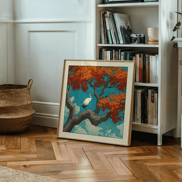 Vintage woodblock style crane wall print with twisting bark and blue sky background