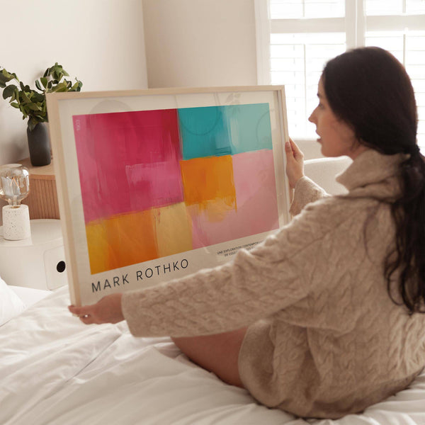 Modern abstract art prints horizontal in red and orange for bedroom decor