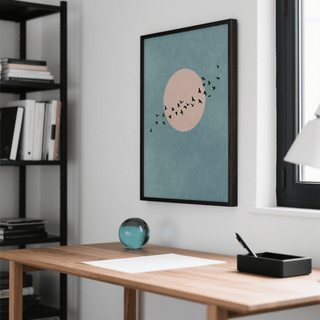 Wall Art Birds poster, blue background with pink sun, great for hallway