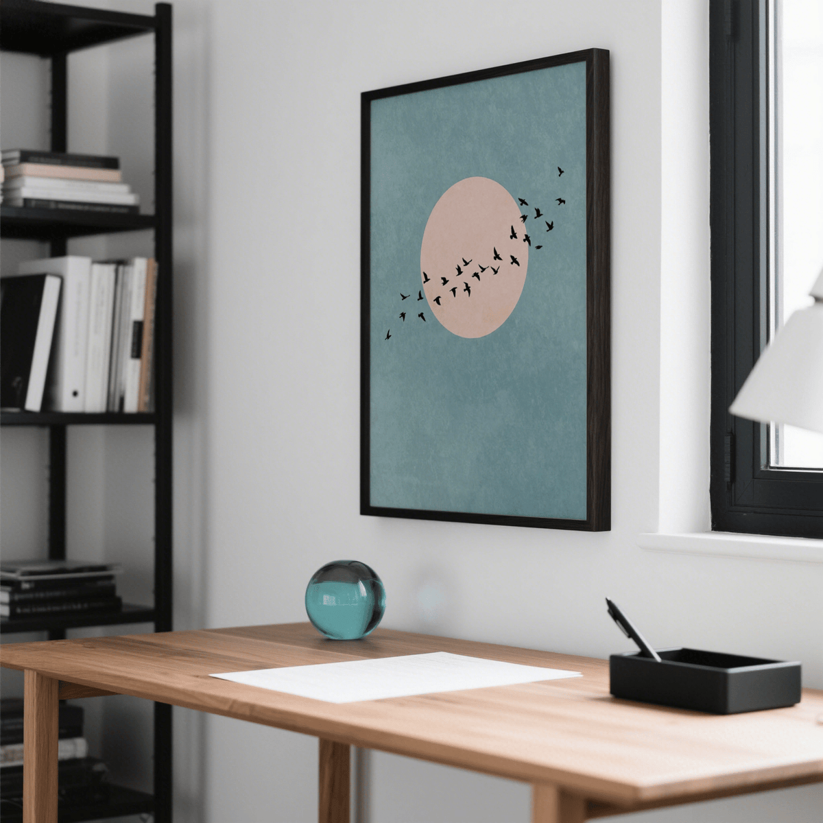Wall Art Birds poster, blue background with pink sun, great for hallway