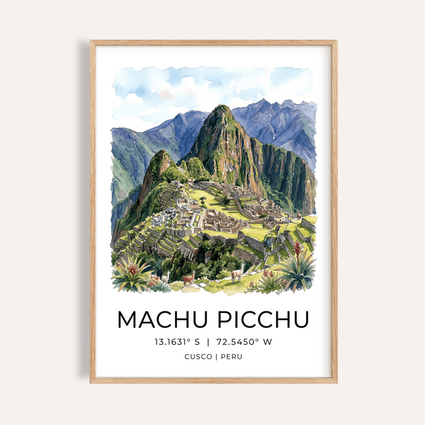 Machu Picchu Art Print poster showing watercolor mountains and Inca terraces