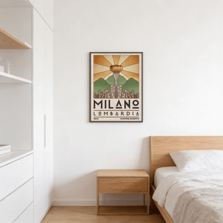 Symmetrical cityscape art featuring bold sans serif lettering