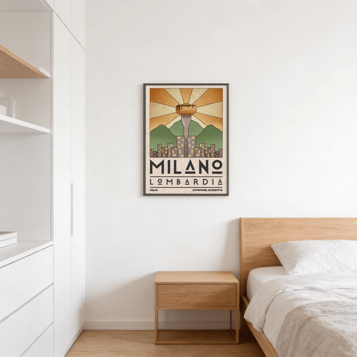 Symmetrical cityscape art featuring bold sans serif lettering