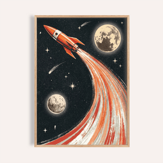Rocket Ship Wall Art in Red, Beige, White, Black for kids room poster