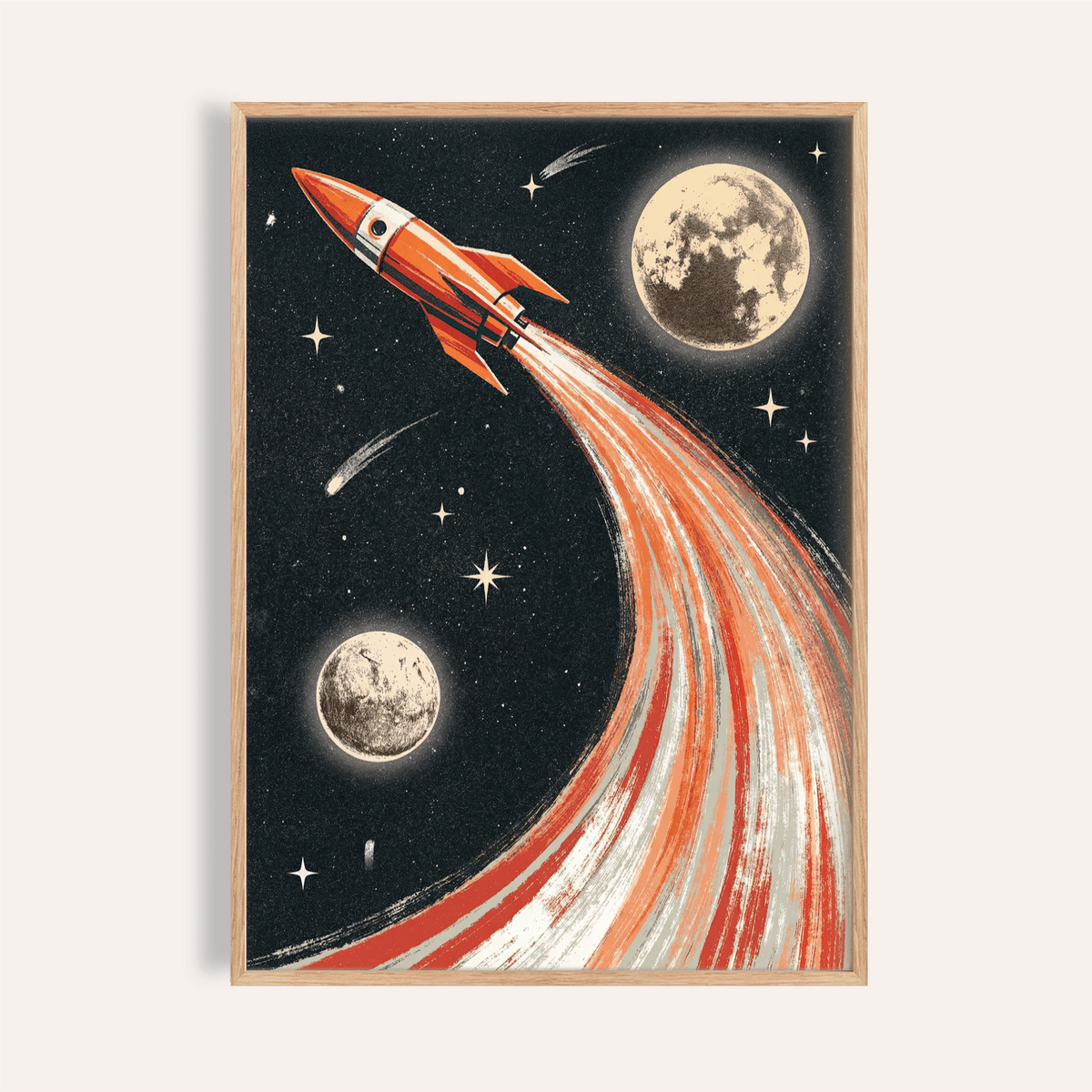 Rocket Ship Wall Art in Red, Beige, White, Black for kids room poster