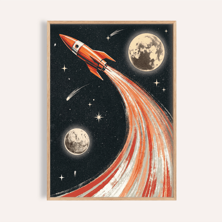 Rocket Ship Wall Art in Red, Beige, White, Black for kids room poster