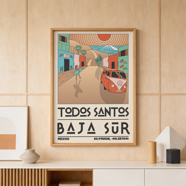 Graphic travel illustration poster of Todos Santos Baja Sur scene with cacti