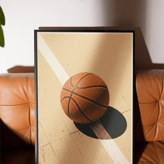 Graphic court poster featuring a basketball casting a bold oval shadow across a diagonal boundary line