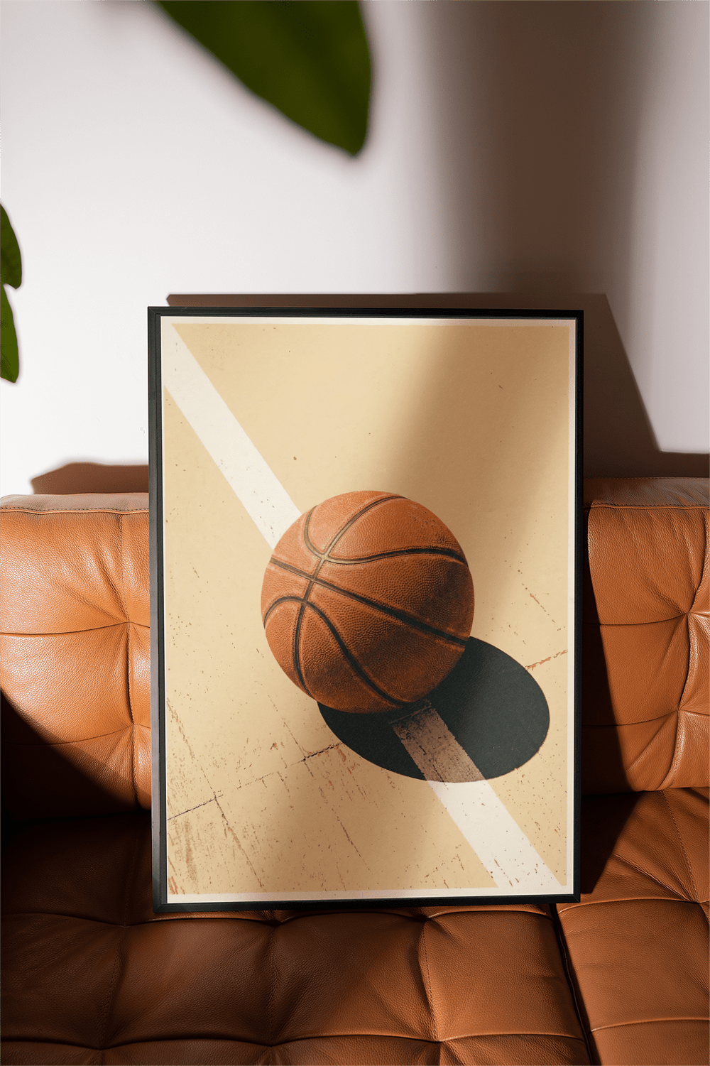 Graphic court poster featuring a basketball casting a bold oval shadow across a diagonal boundary line
