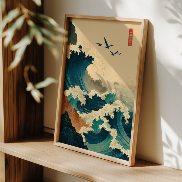 Vintage style woodblock wave print with textured foam details