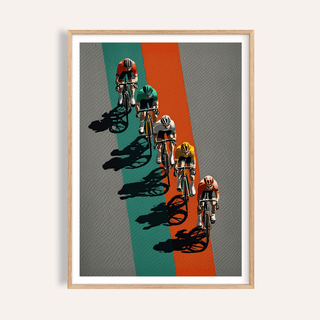 Overhead cyclists race poster with long shadows and vertical stripes wall art