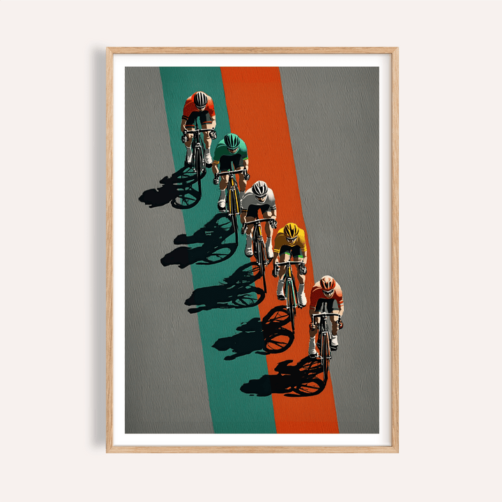 Overhead cyclists race poster with long shadows and vertical stripes wall art