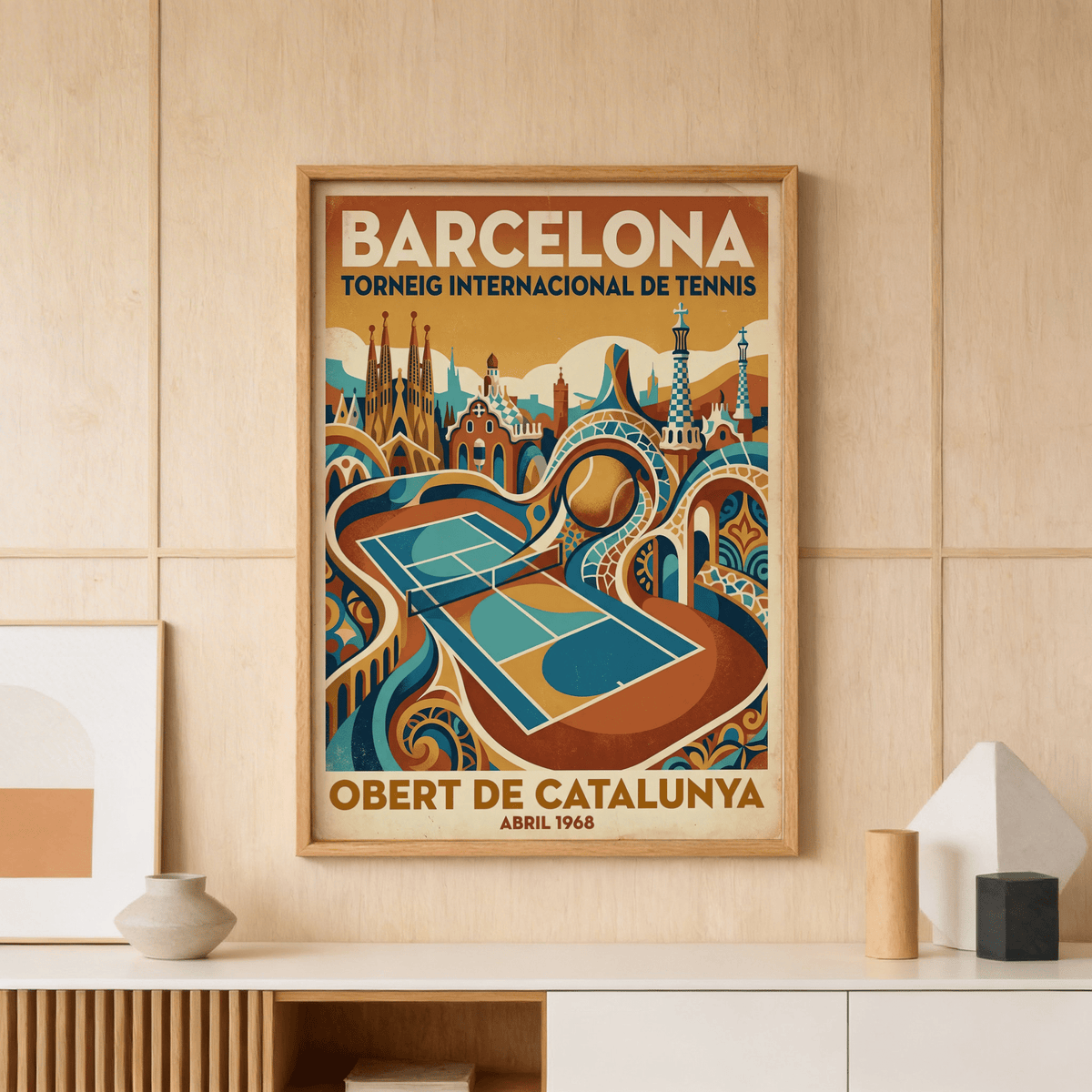 Barcelona Tennis Wall Art print with vintage typography and large tennis ball