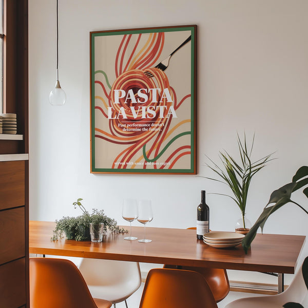 Dining room prints showcasing graphic spaghetti art and witty saying.