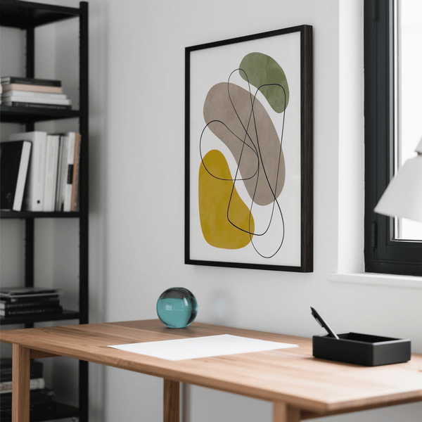 Geometric Abstract Poster art print in Yellow, Green, Brown, Beige for hallway