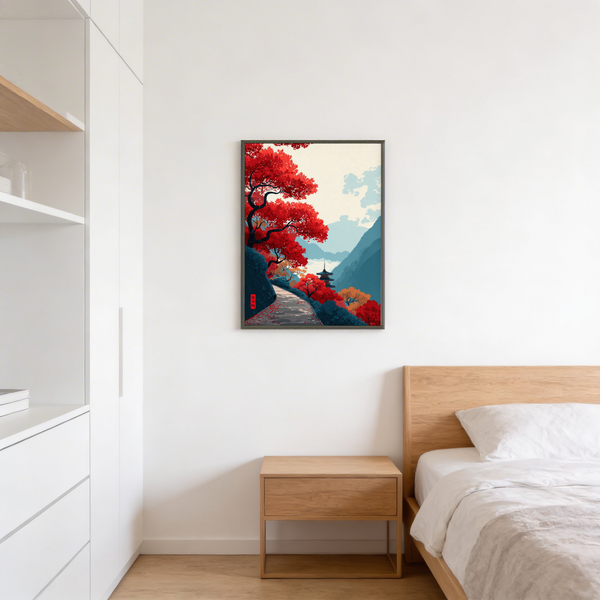 Zen Mountain Poster detail of pagoda silhouette and leaf canopy