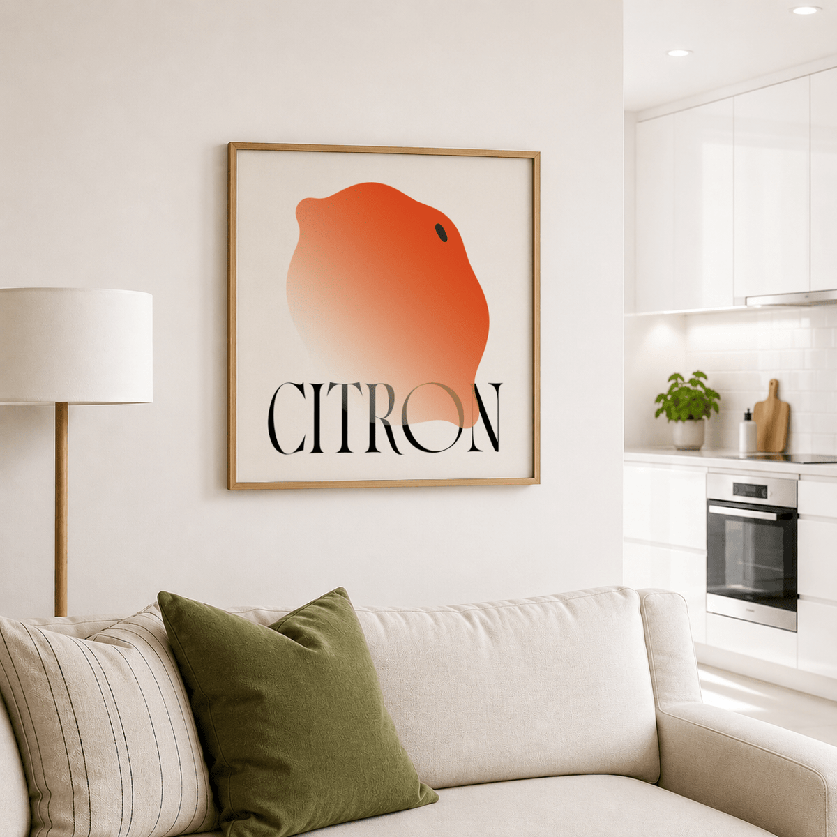 Typographic citrus wall art print with oversized CITRON letters and central lemon graphic