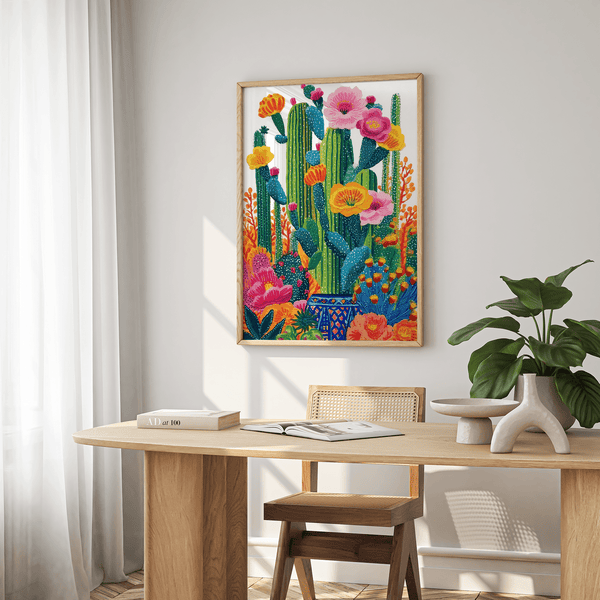 Cactus Floral Wall Art with yellow orange green for kitchen wall poster