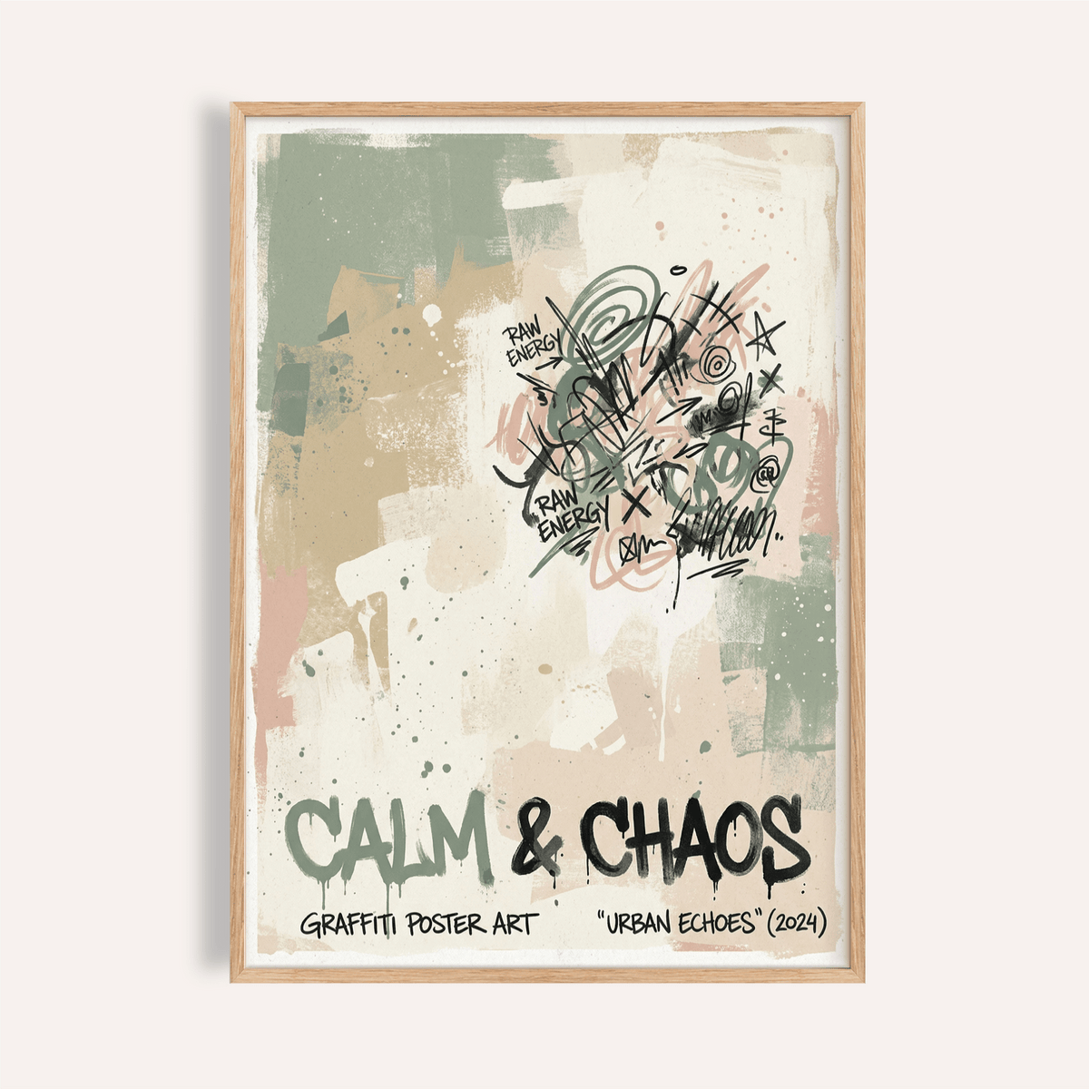 Urban Graffiti Art Print with CALM & CHAOS lettering and spray splatters