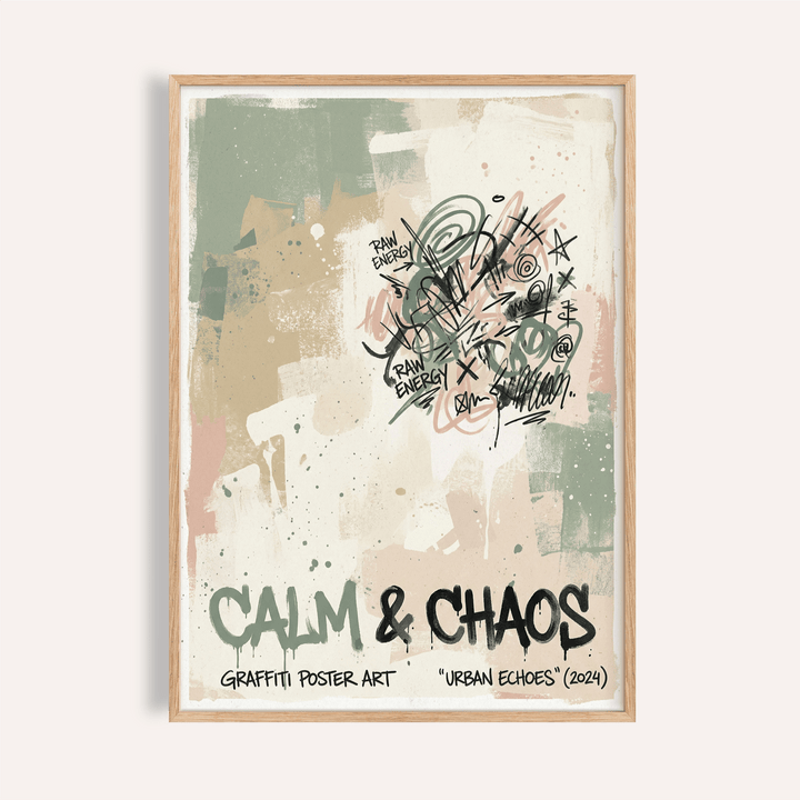 Urban Graffiti Art Print with CALM & CHAOS lettering and spray splatters