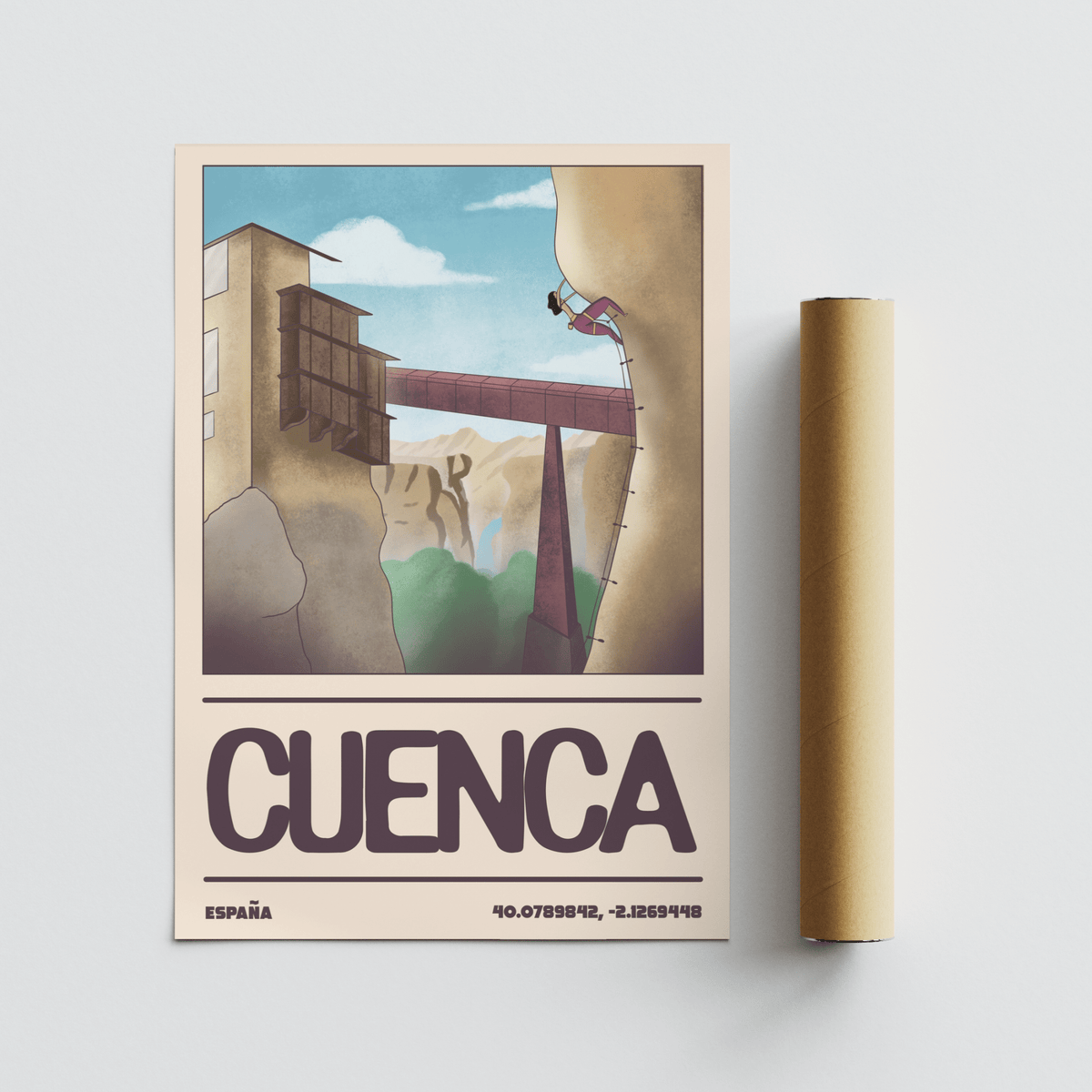 Poster print with a climbing figure on a vertical rock face and bold destination lettering