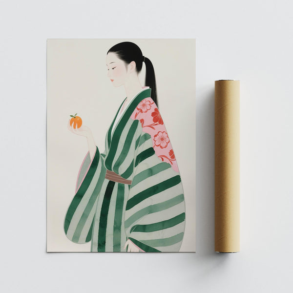 Modern Japanese figure art with calm tones, unique wall art for living room.