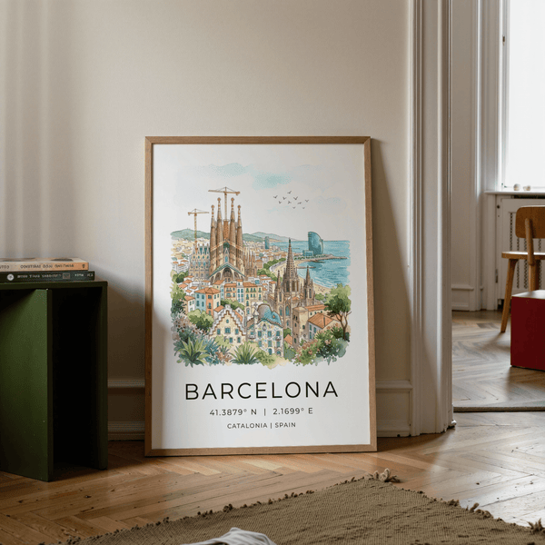 Architectural Barcelona City Art Print with clustered rooftops and sea horizon