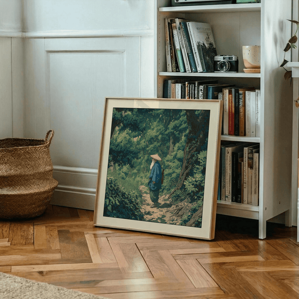 Close-up wall art print of a robed traveler with straw hat on a wooded trail