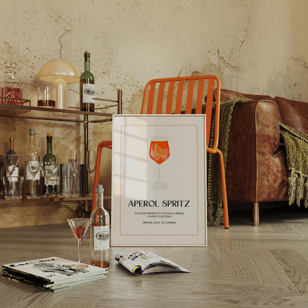 Elegant cocktail artwork featuring clean layout and orange Prosecco drink.