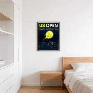 Featuring the Us Open Tennis Poster print with bold top typography and simplified court scene below