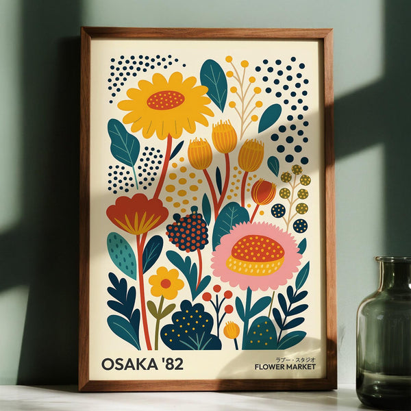 Modern Spring Print wall art with colorful tulips and leaves in graphic style