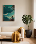 Stylized coastal poster of layered blue waves with cliffside fisherman