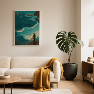 Stylized coastal poster of layered blue waves with cliffside fisherman