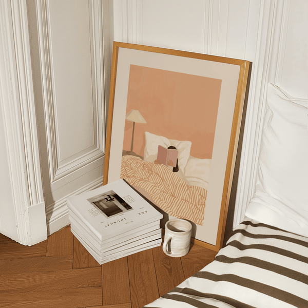 Woman Reading Book Art decoration for reading nook, Pink, White, Beige, Orange poster